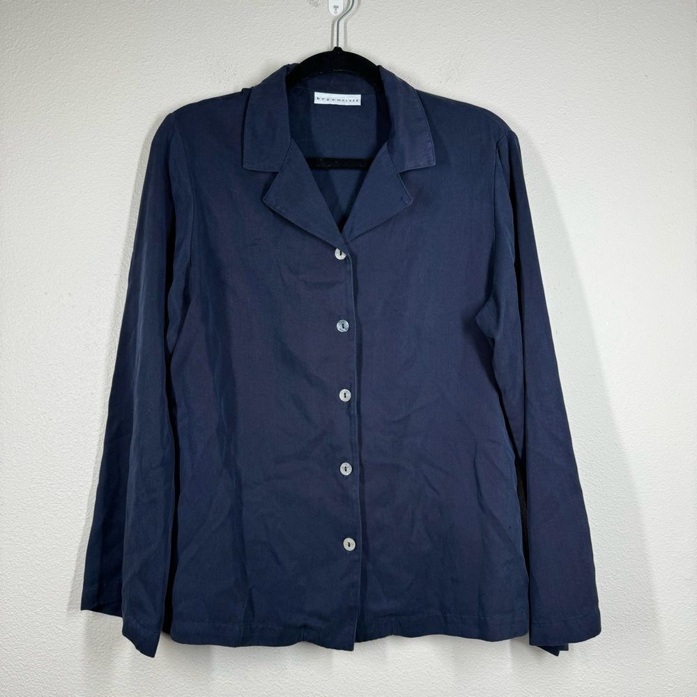 Bryn Walker Button Front Blazer Jacket Navy Blue Tencel Lagenlook Size Medium